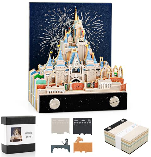 2026 Strappare Calendario 3D, Calendario 2026 da Tavolo con Luci a LED, Magic Castle 3D Art Memo Pad per Ornamenti Desktop e Scultura di Carta, Blocco Note 3D per Regalo di Natale