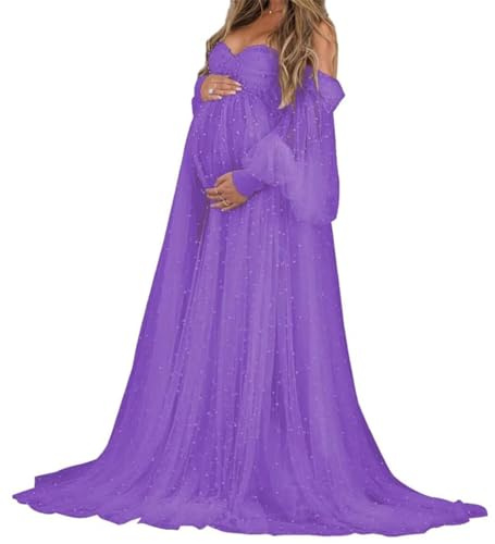 AHERKLL Långärmad pärla tyll rock moderskapsklänning för fotografering off-shoulder underkläder baby shower graviditetsklänning AH062, Lila, 56 stor