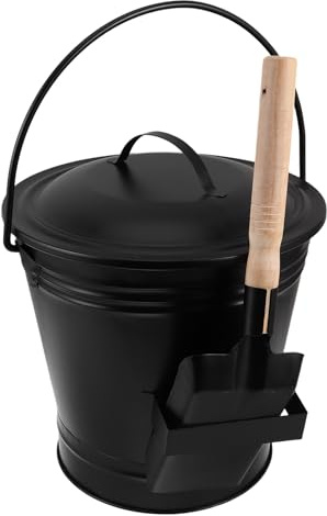 GRIRIW Seau à Cendres Métal 5l avec Couvercle et Pelle Anti-brûlure, Kit Nettoyage Cheminée Poêle Bois Intérieur Extérieur, Outil Entretien Foyer Solide et Sécuritaire