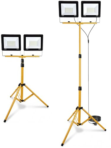 Yigowyigo 200W LED Tripod Work Light, 21000 Lumen Dual-Head Floodlight with 16.4FT Cord, IP66 Waterproof Foldable Tripod Work Stand Site Lights for Indoor Outdoor Job Site, Garage, Workshop