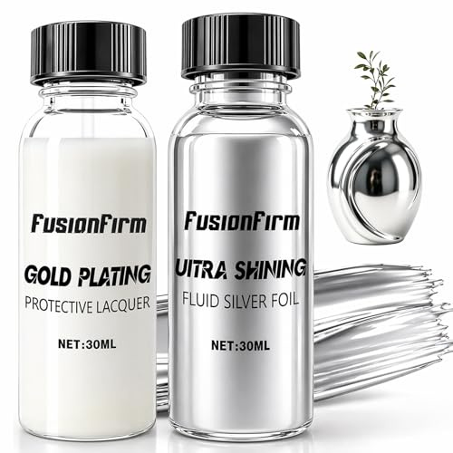 FusionFirm Liquid silver leaf paint set, including alcohol-based mirror chrome paint, high-gloss sealer and quick-drying silver coating; suitable for craft projects, DIY and resin work; 2 x 30 ml