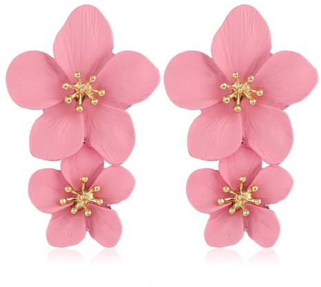Flower Earrings for Women, Pink Flower Stud Earrings, Double Layer Floral Dangle Jewelry, Boho Chic Blossom Accent, Alloy Petal Post Earring, Fashion Piercing for Wedding, Party, Vacation, Gift