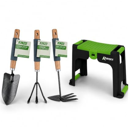 KINZO Pack Jardinage Confort Agenouilloir Tabouret Rangement Ribimex + Kit 3 Outils Main Pelle Griffe Serfouette