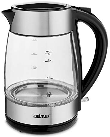 Zelmer ZCK8011 - Bollitore in vetro, 1,7 l, 2200 W, filtro anticalcare, senza BPA, spegnimento automatico, fondo girevole, vetro/Inox.