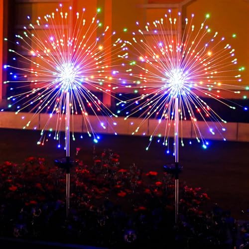 Paquete de 2 luces solares de fuegos artificiales – 150 LED con 2 modos para decoración de patio al aire libre, impermeables, luces de hadas para camino, patio, jardín y decoración de Navidad