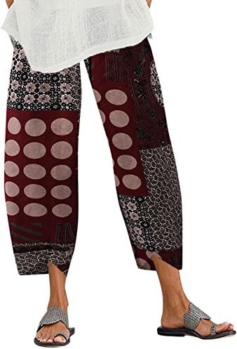 ZANZEA Women's Casual Harem Trousers Boho Retro Print Cotton Cropped Pants | Barrel Leg Trousers ,Loose Fit Pants with Pockets,Hippie Elasticated Waist Beach Pants, Linen Trousers for Lounge Yoga
