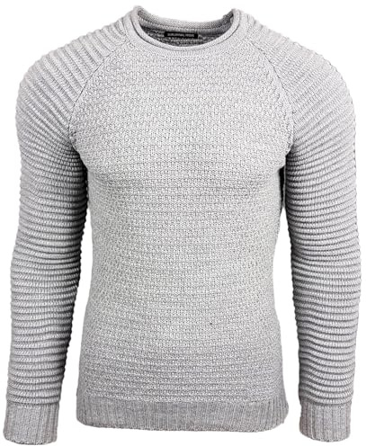 Subliminal Mode Pull Homme en Maille Col Rond - Style Basique - Pull Grosse Maille Nervuré - Pull Over Tricoté Hiver Manches Longues - Idée Cadeau BX8056 - Gris Clair L