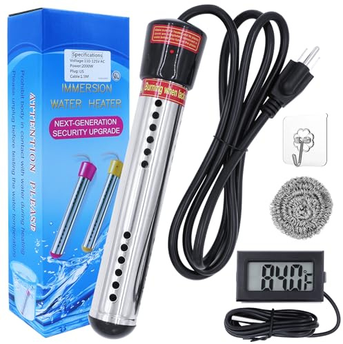 2000W Immersion Water Heater,LISTENJIALE Submersible Water Heater with 304 SS Guard,Bucket Heater with LCD Thermometer Heat 5 Gallons of Water in Minutes,Immersion Water Heater for Bathtub