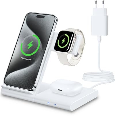 WATOE 3 en 1 Cargador inalámbrico, Wireless Charger Rápido Soporte De Carga Inalámbrico para iPhone 16/15/14/13/12/11/Pro/Max/XS/XR/X/8/Plus, Apple Watch 10/9/8/7/6/SE/5/4/3/2 & AirPods 4/3/2/Pro