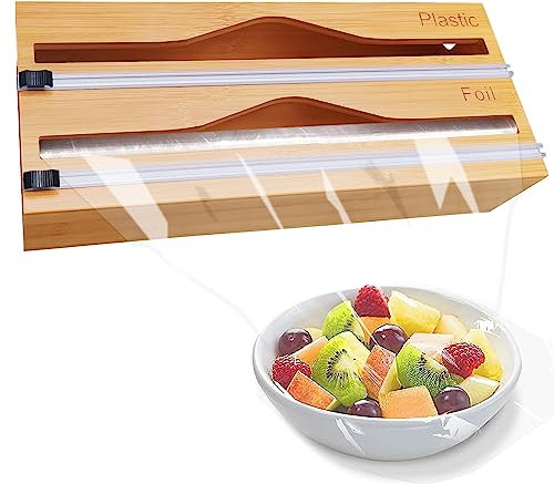 Cling Film Dispenser and Cutter,Foil and Plastic Wrap Dispenser Wax Paper Dispenser Wall-Mount Bamboo Kitchen Wrap Storage Organizer Roll Organizer Holder for Kitchen Cabinet Drawer Fits 12 Roll