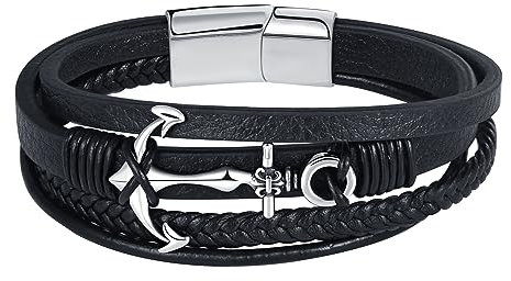 Feilok Anker Leder Armband für Herren - Geflochtenes Premium Manschette Lederarmband mit Magnetverschluss