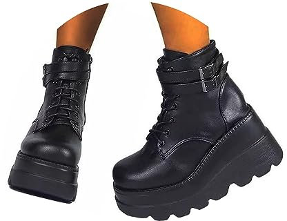tinetill Damen Gothic Punk Plateau Stiefel PU Stiefeletten Winterstiefel Gotisch Motorrad Boots mit Reißverschluss Keilabsatz Schnürstiefel Schnalle Riemen Wedges Schuhe