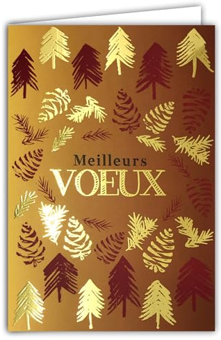 Carte Meilleurs Vœux en Or Doré Brillant Scintillant avec Enveloppe Blanche Format 12x17,5cm - Sapins Pommes de Pin Branches Aiguilles Végétaux Forêt Bonne Année Fête Nouvel An - Fabriqué en France