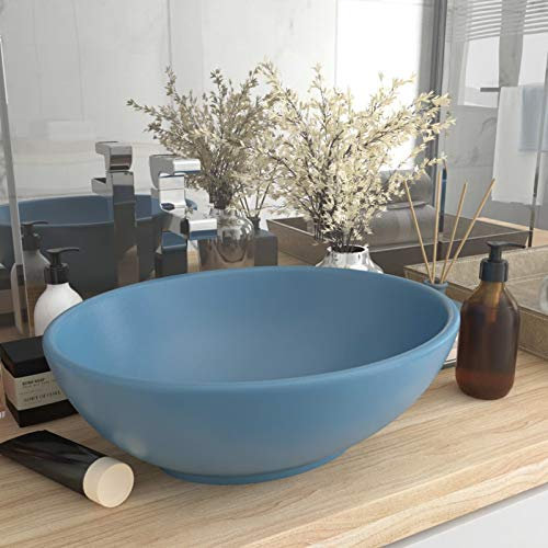 ARKEM Lavabo de Lujo Ovalado cerámica Azul Claro Mate 40x33 cm Mini Lavabos PequeñOs