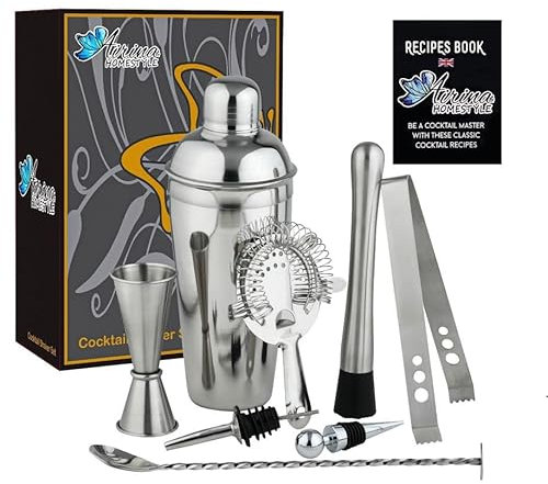 Airina Homestyle Set da cocktail professionale in acciaio inox, 8 pezzi, 750 ml, shaker/bar/accessori/ricettario cocktail mixer/set regalo per casa bar