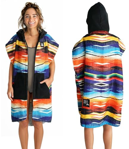 Pilotfish Surf Poncho Changing Robe Towel - Hooded, Zippered Towel Poncho for Beach, Surfing, Swimming | 2 Front Pockets, Machine Washable, (Serape, Medium)