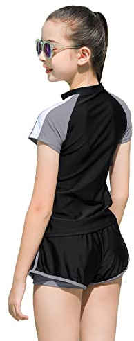 Girls Swimming Costume Swimsuits Kids Two-Piece Rashguard Swim Set Bathing Suits Beach Shorts Quick Dry Swim Shirts Size8,10-12,14-16(Black,8)