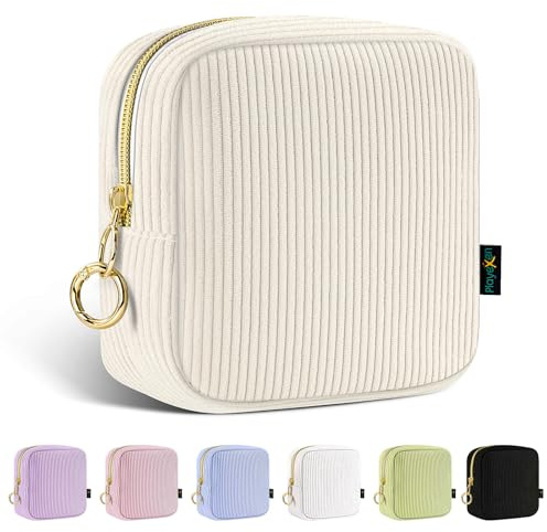 Trousse Maquillage Femme Petit Mini Trousse de Toilette Fille Voyage en Velours Côtelé épais Pochette Maquillage Sac de Organiseur Rangement à Cosmétique Makeup Idéal Cadeau Anniversaire Noël(Beige)