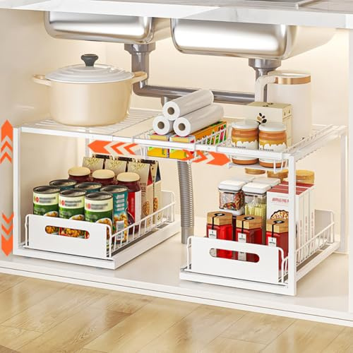 YunNasi Organizador Bajo Fregadero Cocina, Estante Metálico Blanco B-Estilo | Organizador Extraíble Baño con Altura Ajustable y Expandible, Estanterias Almacenaje, Debajo Fregadero cocina