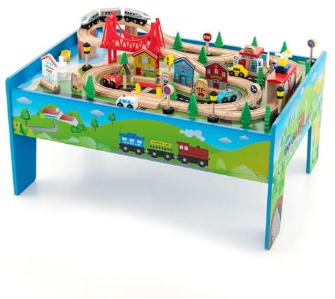 FANTASK 80-teiliges Kinder Eisenbahn Set, Spieltisch aus Holz mit umkehrbarer & abnembarer Tischplatte, Holzeisenbahn Zug Spielzeug für Kinder ab 3 Jahre (80 teilig)
