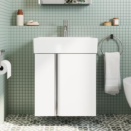 BRIDGE BENO Meuble De Salle De Bain 50 cm avec Vasque en Céramique pour WC Invités, Meuble Compact pour Petits Espaces, Blanc Mat