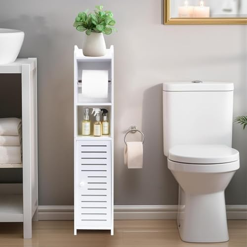 powerking Toilet Paper Roll Holder Stand for Small Space, White Toilet Storage for Restroom Cabinet with Doors and Shelves, Slim Floor Standing Display Cabinet