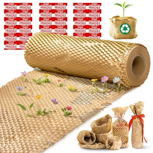 Honeycomb Packing Paper, 12x200' Brown | Perforated Honeycomb Packing Paper Recyclable Moving Supplies for Shipping & Moving | Plastic-Free Alternative to Bubble Cushion Wrap with 36 Fragile Stickers