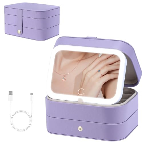 KJroom Travel Jewelry Case with LED Lighted Mirror, Personalized Birthday Gifts for Women Girls Kids, 2-Layer Portable Travel Jewelry Organizer, Travel Essentials (Purple)