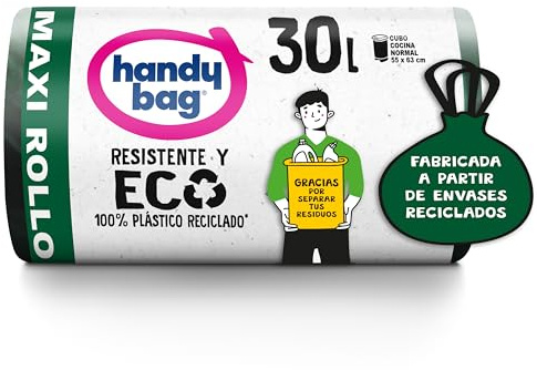 Handy Bag Bolsas de Basura Resistente y Eco, Maxi Rollo, 30L, 20 Bolsas, 100% Reciclado.