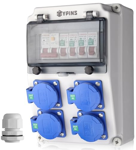 EYPINS Distribuidor de Corriente para Construcción con LS+FI, Distribuidor de Pared 4x 230V Enchufes Schuko 16A, IP66/IP54 Impermeable, ABS Ignífugo para Interiores, Exteriores, Talleres y Fábricas