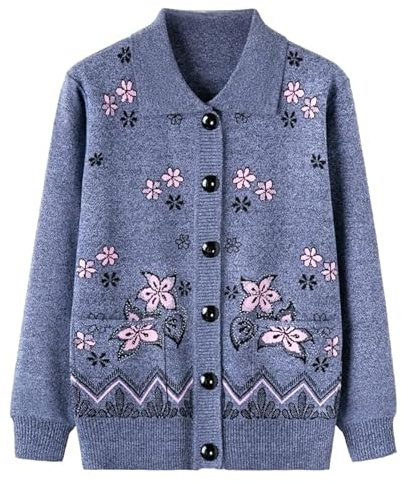 Cardigan avec Poches pour Femme Pull Épais et Chaud pour Femme D'Âge Moyen Costume De Vieille Dame Tricot Brodé pour Personne Âgée Col Ras Du Cou Manches Longues Cadeaux pour Vieille Dame Gris