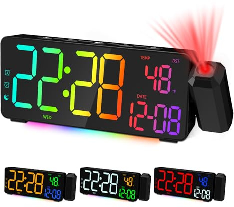 EVILTO Projection Alarm Clocks, RGB Desk Clock with 180° Rotatable Projector 15 Color Display, Date Temperature and Weekday, DST, Snooze, Ambient Lighting for Living Room,Bedroom Bedside Office Decor