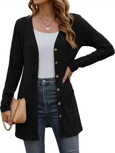 Cicy Bell Cardigan long boutonné pour femme, élégant, à manches longues, avec poche, ouvert sur le devant