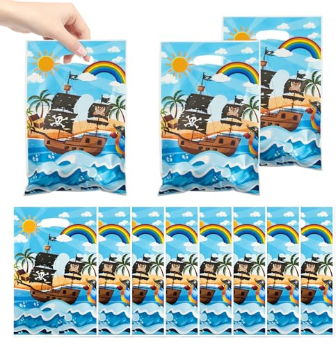 Piratfestpresentpåsar med handtag, 50 st blå piratgodisgodis presentpåsar för skattjakt sjömans tema födelsedagsfest presentleveranser