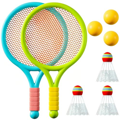 Tennisracketar, set för barn, 2 racketar, 3 badmintonbollar, 3 tennisbollar, lämplig för utomhus- och inomhussporter (blågrön)