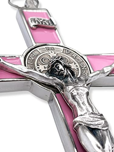 St. Benedict 8 Inch Oxidized & Pink Enamel Crucifix Wall Cross - Catholic Office Decor, Spiritual Protection