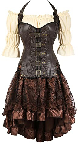Grebrafan Steampunk Corsets Skirt Blouse Set Tight Lace Corset Outfits for Women (UK(8-10) M, Brown)