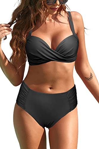 Rayson Mujer Bikini 2 Piezas de Playa Conjunto Halter de Baño Traje de Baño Push up ividido Color Sólido Beachwear Bañador(Negro,L)