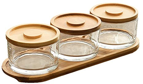 KVMORZE Ensemble de service pour frites et trempettes avec plateau en bambou, plateau de service pour collations, bonbons, fruits, noix, petits bols de service en verre avec couvercles pour condiments