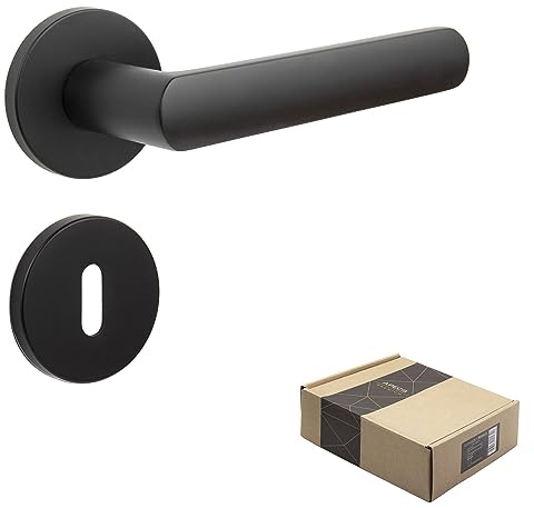 APECS Maniglia per porta interna, nera opaca, moderna, per porta d'ingresso e porta interna, con rosette rotonde, set maniglia con materiale di fissaggio, ferramenta per porte, modello KUMA BB