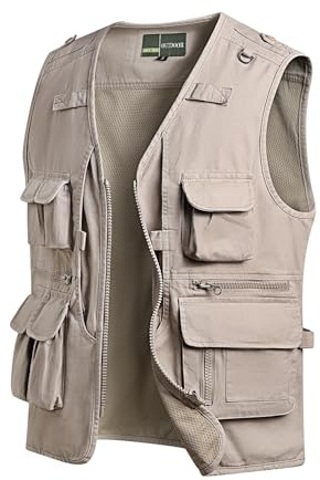 MeiLayM Mens Casual Fishing Vest Multi Pocket Hiking Vest Breathable Mesh Vest Waistcoat Photography Top Cotton Sleeveless Jacket Beige,S