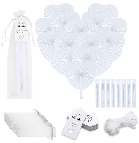Idota 36 Stück Fächer Hochzeit, Herzförmiges Weiß Papierfächer Faltbar Handfächer DIY Deko Spaß Fächer Hochzeit Gäste mit Etiketten Schleife Organzabeutel Gastgeschenke für Hochzeit/Party/Taufen