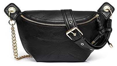 NICOLE & DORIS Women's Crossbody Bags Stylish Shoulder Bag Ladies Belt Bag Soft PU Leather Waist Packs Vintage Satchel Handbag with Chain Purse Bag Sling Bag Phone Bags Black