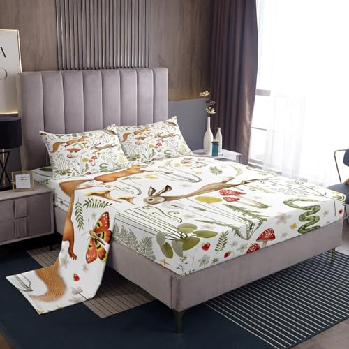 Cute Animals Kids Bed Sheets Watercolor Mushroom Wild Moth Bedding Set for Boys Girls Teens Adults Cartoon Rabbit Snake Squirrel Jungle Themed Sheet Set with Flat,Fitted Sheet,1 Pillowcase Twin Size