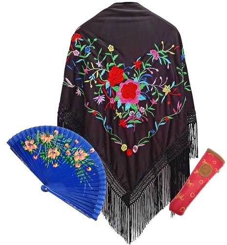 Planta Color Mantón Negro con Bordado de Flores, Abanico de Madera con Flores Pintadas a Mano y Funda Artesanal - Elegancia y Tradición Española para Fiestas y Eventos (Negro 3)