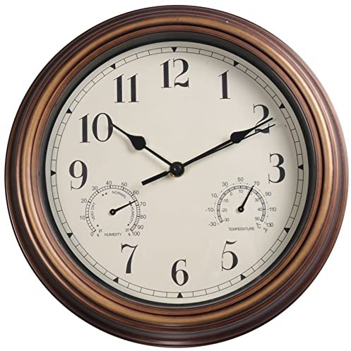 ANNJUC 30,5 cm Wanduhr, Retro, wasserdichte Uhr mit Anzeige von Thermometer und Hygrometer, geräuschfreie Uhr für drinnen und draußen