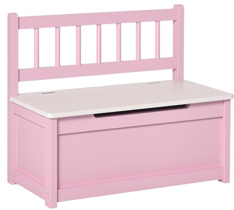 HOMCOM Coffre à jouets Banc de rangement pour enfants avec dossier et couvercle rembourré Charge 40 kg pour salle de jeux Chambre 60x30x50 cm Rose et blanc