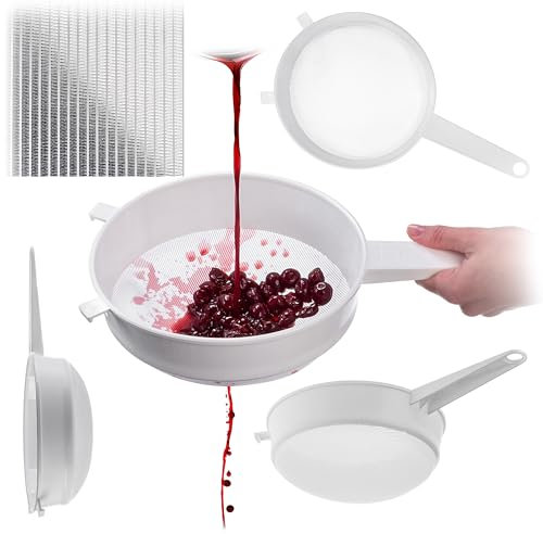 KADAX Passoire de cuisine 20 cm, passoire en plastique à mailles fines pour la cuisine, passoire fine en plastique avec longue poignée, blanche