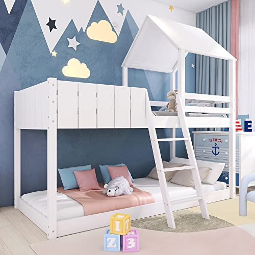 ModernLuxe Wooden Bunk Bed, 3FT Loft Bed with Ladder & Guard Rail, Mid-Sleeper Cabin Bed Frame, Treehouse Canopy, Space-Saving Design for Kids, White, 90x190cm (Mattress Not Included)