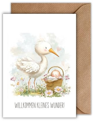 WBdesignz Baby Geburtskarte mit Umschlag - Babygrusskarte Willkommen kleines Wunder herzliche Glückwünsche zur Geburt Storch Baby Nichte Neffe Gänseblumen Eltern Babykarte Geburtsgruß (Din A6)